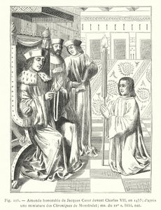 Jacques Coeur tiszteletreméltó módosításai VII. Károly előtt, 1453-ban; a Chroniques de Monstrelet miniatúrája után; ms a 15. század, Bibl nat (metszet) alkotó: French School