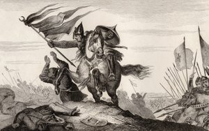 Egy 8. századi francia lovag csatában, Colart "Histoire de France" című művéből, amely 1840 körül jelent meg (metszet). alkotó: French School