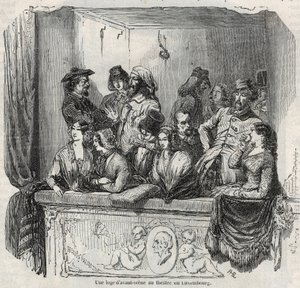 Egy avant-színpadi páholy a luxemburgi színházban Párizsban a 19. században Edmond Texier 1852-es metszete „" Tableau-de-Paris"-ban alkotó: French School