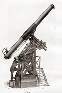 Egyenlítői távcső a Párizsi Obszervatóriumban, Franciaország a 19. században, a Les Merveilles de la Science-ből, 1870 körül megjelent (metszet) alkotó: French School