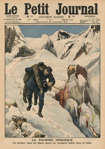 Hősi kör, alpesi postás, aki megment egy hóban rekedt utazót, a „Le Petit Journal” címlapjának illusztrációja, mellékillusztráció, 1914. január 18.