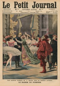 Különös hagyomány január 1-jéről a párizsi színházakban, a „Fireman Kiss”, a „Le Petit Journal” címlapi illusztrációja, mellékillusztráció, 1914. január 4.