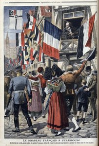 Egy idős francia katona a németek által megszállt Strasbourgban kitűzheti a francia zászlót – „Le Petit Journal” 1908. szeptember 20. (metszet) alkotó: French School