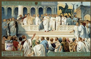 Az ókori Róma: tribunus új törvényt javasol - Liebig kromolitográfia, 1900 v. alkotó: French School