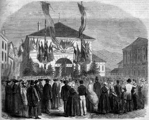 Savoie Franciaországhoz csatolása, Chambery, 1860. április 22.: a lakosság szavazata Savoie Franciaországhoz csatolásáról. Metszet a „” Le Monde Illustré”” 160. számában, 1860. május 5. alkotó: French School