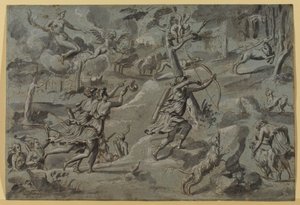 A Diana gobelinmestere után névtelen, társaival vadászó Diane, Amour íjász célpontja, c. 1590-1600, szürke mosás alkotó: French School