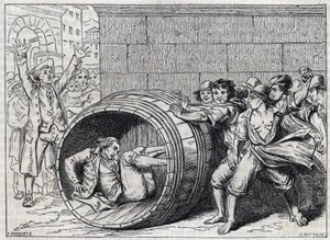 Antiszemita üldözés a 17. században: egy zsidót hordóban gurítanak Róma lakói. „Meo Patacca” illusztrációja, Giuseppe Berneri (1637-1700) verse. Bocourt metszet. alkotó: French School