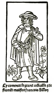 Francois Villon költő apokrif portréja a „The Grand Testament”-ben - „Cycommence le grant codicille & testamet maistre Francois Villon”” (itt kezdődik a grand codicille et testament) kiadás P Levet 1489 (fametszet) alkotó: French School