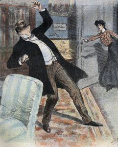 Apoplexiás roham (az agyi tevékenység hirtelen leállása az agy vérkeringésének balesete miatt). Illusztráció a 19. század végéről Max Villemer „” gogosse”” című regényéhez. alkotó: French School