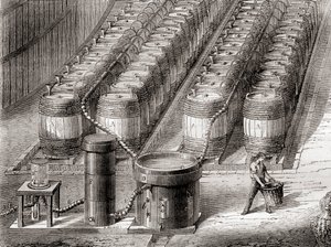 Hidrogéngáz előállítására használt készülék, kénsav vason történő hatására ballon töltésekor, a „Les Merveilles de la Science” kiadványból, 1870 körül (litho) alkotó: French School