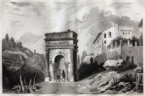 Augustus boltíve (Susa) - Augustus íve (Susa) - Arco di Augusto (Susa) - Metszet a „” Olaszországból Festői” – Olaszország történelmi és leíró festménye”, M. de Norvins, Ch. Nodier 1834-1836. alkotó: French School