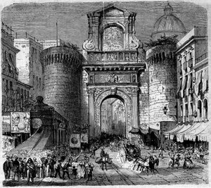 Építészet: a nápolyi Porta Capuana (Porta Capuana) (1484) látképe, a Garibaldi Ezer vagy Vörösinges expedíció csapatainak bevonulásakor 1860-ban. Metszet a „” Le Monde Illustré” 180. sz. 1860. szeptember 22-i keltezésű. alkotó: French School