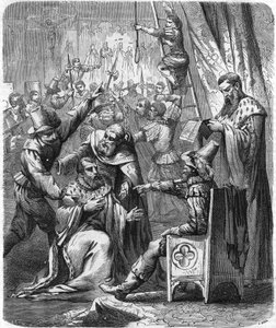 Brisson és Larcher letartóztatása, a polgárháború két erőszakos legénye a 16. században. In "" Histoire Populaire de la France"", sd. 1885 körül. Metszet. alkotó: French School