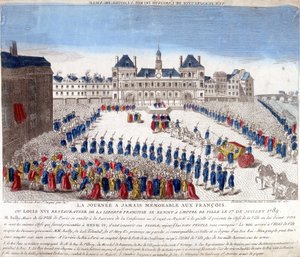 XVI. Lajos megérkezése a párizsi Hôtel de Ville-be 1789. július 17-én - metszet alkotó: French School