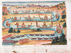 A francia nagykövetek megérkezése Sziámba, a sziámi jezsuiták beszámolójából, 1688 (wc papíron) alkotó: French School