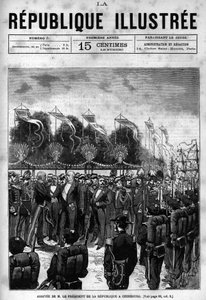 Jules Grevy (1807-1891) köztársasági elnök érkezése a cherbourg-i ünnepségre. Egy újság. Metszet 1880-ból a „La republique illustree”” magángyűjteményben. alkotó: French School