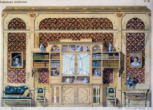 szecessziós stílusú könyvtár, illusztráció az Interieurs Modernes folyóiratból (Modern Interiors) alkotó: French School