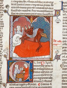 Arundel 484 f.245 Ördög vagy démon egy halott ágyán, illusztráció a Digestum Vetusból fényes ordinariával, Justinianus, 1300-10 körül (vellum) alkotó: French School