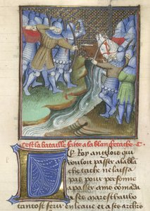 Arundel 67, f.144, Középkori katonák harcoló folyón át a Chroniques d