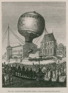 Montgolfier léggömb felemelkedése; a korszak metszeteiből alkotó: French School