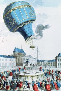 A Montgolfier testvérek hőlégballonjának felemelkedése a királyi család előtt Versailles-ban 1783-ban (színes metszet) alkotó: French School