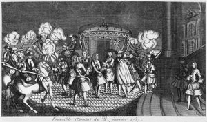 Robert Francois Damiens merényletet követett el XV. Lajos király (1710-74) ellen 1757. január 5-én alkotó: French School