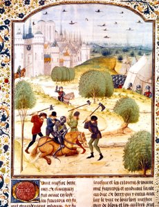 Egy angol lovag meggyilkolása Párizs előtt 1437-ben (100 éves háború) Jean de Wavrin által írt Anglia krónikáinak megvilágítása alkotó: French School
