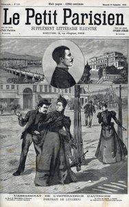 Ausztriai Erzsébet (Sissi) meggyilkolása az olasz anarchista Luccheni által 1898-ban Genfben. Az 1898-as „” Le petit Parisien”” borítója – Luigi Lucheni olasz anarchista (Sissi) Erzsébet osztrák császárnő meggyilkolása, Genfben alkotó: French School