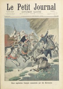 Meggyilkolták az Idegenlégió két francia kapitányát a Beni-Smir törzsből származó marokkóiak, a „Le Petit Journal” címlapillusztrációja, 1902. február 9.