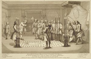 Szabadkőművesek Gyülekezete a Mester beavatása előtt, A vallás és szokás szertartásaiból 1733 körül alkotó: French School
