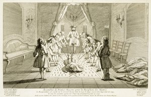 Szabadkőművesek Gyülekezete a Mester beavatására, The Ceremonies of Religion and Custom, 1733 körül alkotó: French School