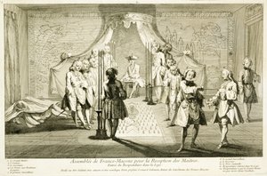 Szabadkőművesek Gyülekezete mester beavatására, a jelölt bejárata a páholyba, A vallás és szokás szertartásaiból, 1733 körül alkotó: French School
