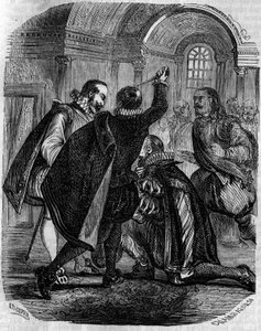 Meggyilkolási kísérlet Jean Chastel (Jean Chatel) (1575-1594) ellen IV. Henrik francia király ellen 1594. december 27-én. Metszet a XIX. alkotó: French School