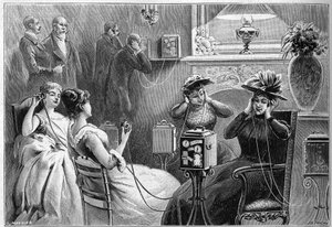 A Theatrophone meghallgatása (színházi meghallgatások otthon) egy nagy párizsi szálloda társalgójában 1892-ben. alkotó: French School