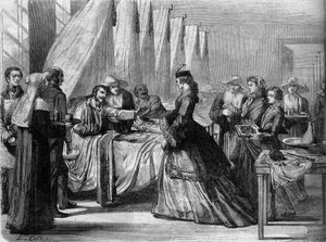 Osztrák-porosz háború (1866): Erzsébet osztrák császárné (Sissi) (1837-1898) meglátogatja a sebesült katonákat Bécsben. Metszet a „” Le Monde Illustré”” 486. számában, augusztus 4 alkotó: French School