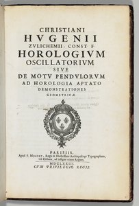 A szerző saját, megjegyzésekkel ellátott másolata „Az oszcilláló óra” vagy „az ingák mozgása” című művéből, az órához igazított geometriai bemutatókkal, Christiaans Huygens (1629-95), Párizs: F. Muguet alkotó: French School