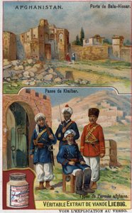 Bala-Hissar Gate Afganisztánban és az afgán hadsereg katonái a Khaiber átkelőnél. századi reklámkromolitográfiája. alkotó: French School