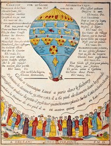 Léggömbrepülés: a Montgolfier testvérek tapasztalata 1783. október 19-én Monsieur Reveillon kertjében, a párizsi Saint Antoine negyedben. Korabeli metszet. Párizs, B.N. alkotó: French School