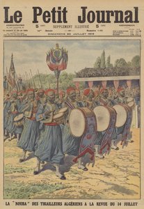 Az algériai tirailleurok bandája felvonul a Bastille-napi katonai parádén Párizsban (színes litó) alkotó: French School