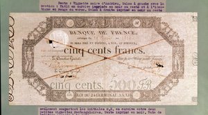 500 frankos bankjegy az 1806. évi XI. évi 24. csírából (tinta papíron) alkotó: French School