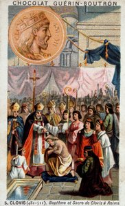 Clovis keresztelése és szentsége a reimsi katedrálisban, 496. december 25-én, Szent Remitől, Reims előestéje. alkotó: French School