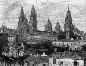 Barokk művészet: kilátás a Santiago de Compostela-székesegyházra (Santiago de Compostela). Spanyolország. Metszet a „” Le Monde Illustré”” 1220. számában, 1880. augusztus 14. alkotó: French School