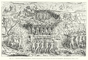 Harc az irokézek ellen; metszet után a Sieur de Champlain utazásaiból, Xaintongeois, Párizs alkotó: French School
