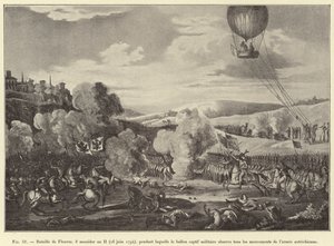 Fleurus-i csata, 8. Messidor, II. év (1794. június 26.), amely során a fogságban lévő katonai léggömb az osztrák hadsereg összes mozgását megfigyeli (metszet) alkotó: French School