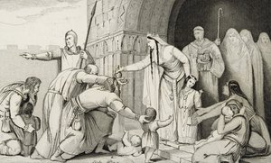 Bathilda pénzt ad a szegényeknek, Colart „Histoire de France” című művéből, 1840 körül megjelent alkotó: French School