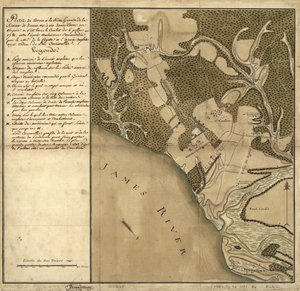Green Spring-i csata, a James folyó bal partján lévő szárazföld térképe a virginiai Jamestown-nal szemben, ahol a július 6-i csata alkotó: French School