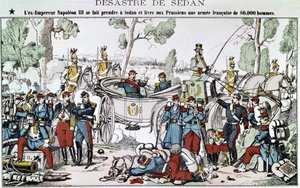 Sedani csata 1870-ben. Az egykori III. Napóleon császárt elkapják Sedanban, és a poroszoknak szállítja a 80 000 fős francia hadsereget, egy gerinc képével. alkotó: French School