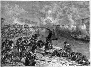 Toulouse-i csata: utolsó csata a brit és spanyol csapatok között Wellington alatt a franciák ellen 1814 - Toulouse-i csata 1814. április 10. a Marechal Soult által vezényelt birodalmi hadsereg csapatai és az Anglo-Hispano-Port csapatai között. alkotó: French School