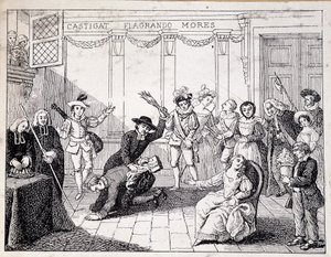 Beaumarchais korbácsolása a Saint Lazare-ban - Beaumarchais perének jelenete, kezében a Folle journee brosúrájával - a Comedie Francaise ap. festményéről, metszetről alkotó: French School