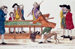 Biliárdjátékosok (a forradalmi naptár 8. évének termidorja) (1800). Karikatúra. A forradalmi időszak francia iskolájának színes metszete. Párizs, Musee Carnavalet alkotó: French School